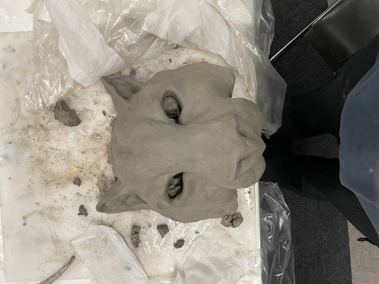 A clay positive of an animal mask