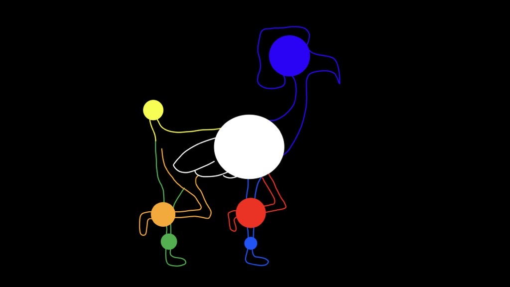 The giant rainbow dogpoodle — the seven coloured spheres as its seven puffs of fur